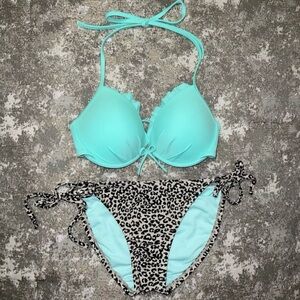Victoria Secret Aqua Bikini Top 34B & Target Leopard Bottoms Small